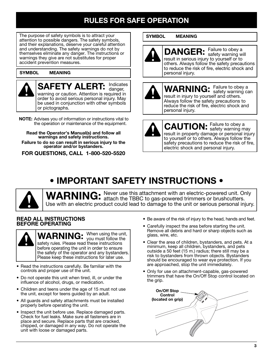 Important safety instructions, Warning, Danger | Caution, Safety alert, Rules for safe operation | MTD TBBC User Manual | Page 3 / 48