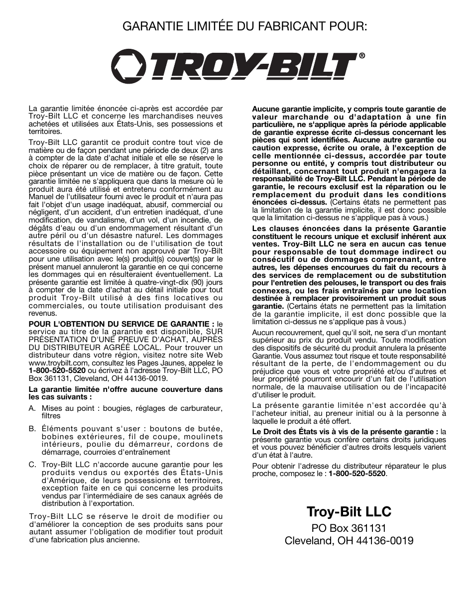 Troy-bilt llc, Garantie limitée du fabricant pour | MTD TBBC User Manual | Page 32 / 48