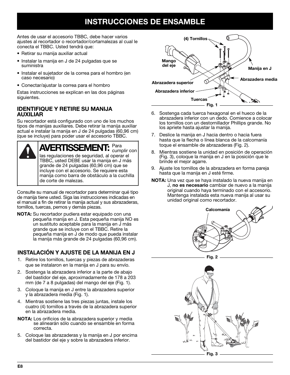 Avertissement, Instrucciones de ensamble | MTD TBBC User Manual | Page 40 / 48