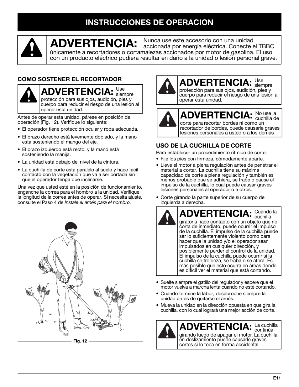 Advertencia, Instrucciones de operacion | MTD TBBC User Manual | Page 43 / 48