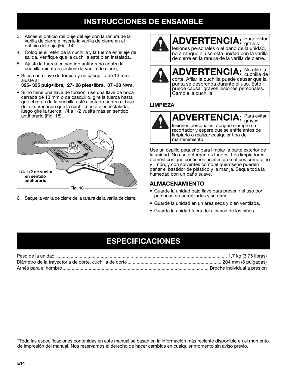 Advertencia, Especificaciones, Instrucciones de ensamble | MTD TBBC User Manual | Page 46 / 48