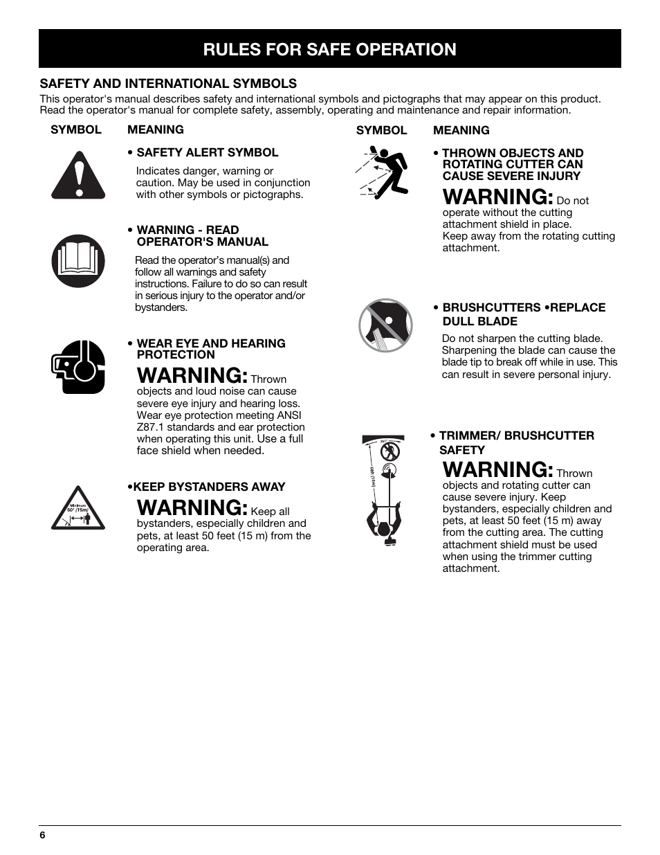 Warning, Rules for safe operation | MTD TBBC User Manual | Page 6 / 48