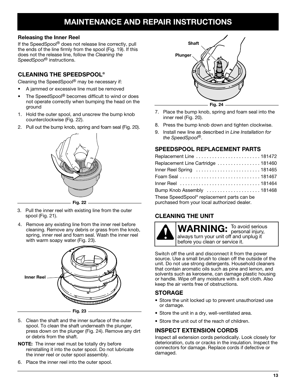 Warning, Maintenance and repair instructions | MTD Yard-Man YM137 User Manual | Page 13 / 56