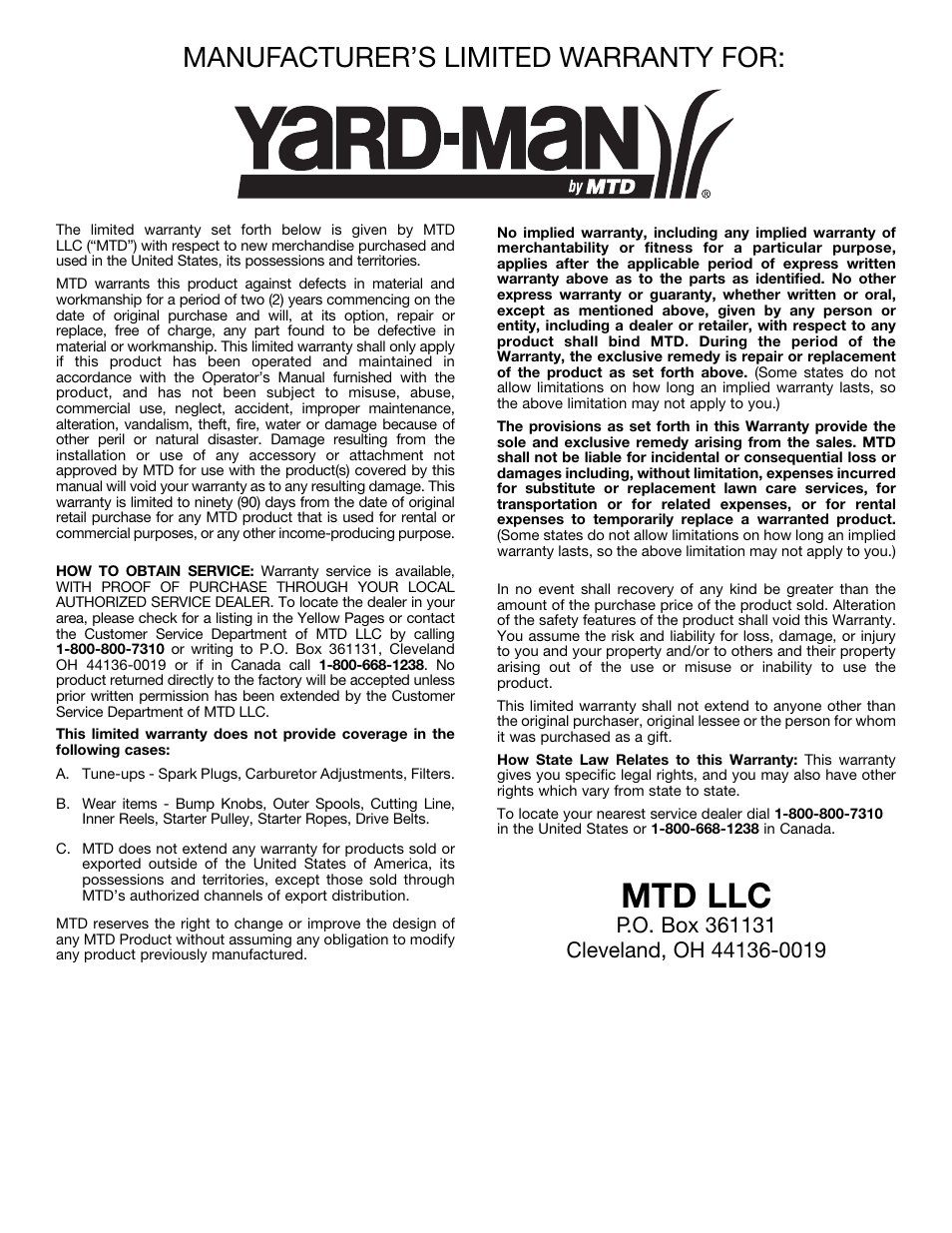 Mtd llc, Manufacturer’s limited warranty for | MTD Yard-Man YM137 User Manual | Page 18 / 56
