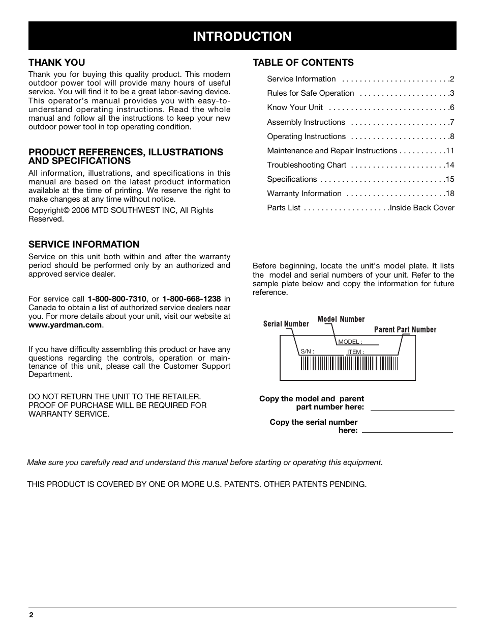 Introduction | MTD Yard-Man YM137 User Manual | Page 2 / 56