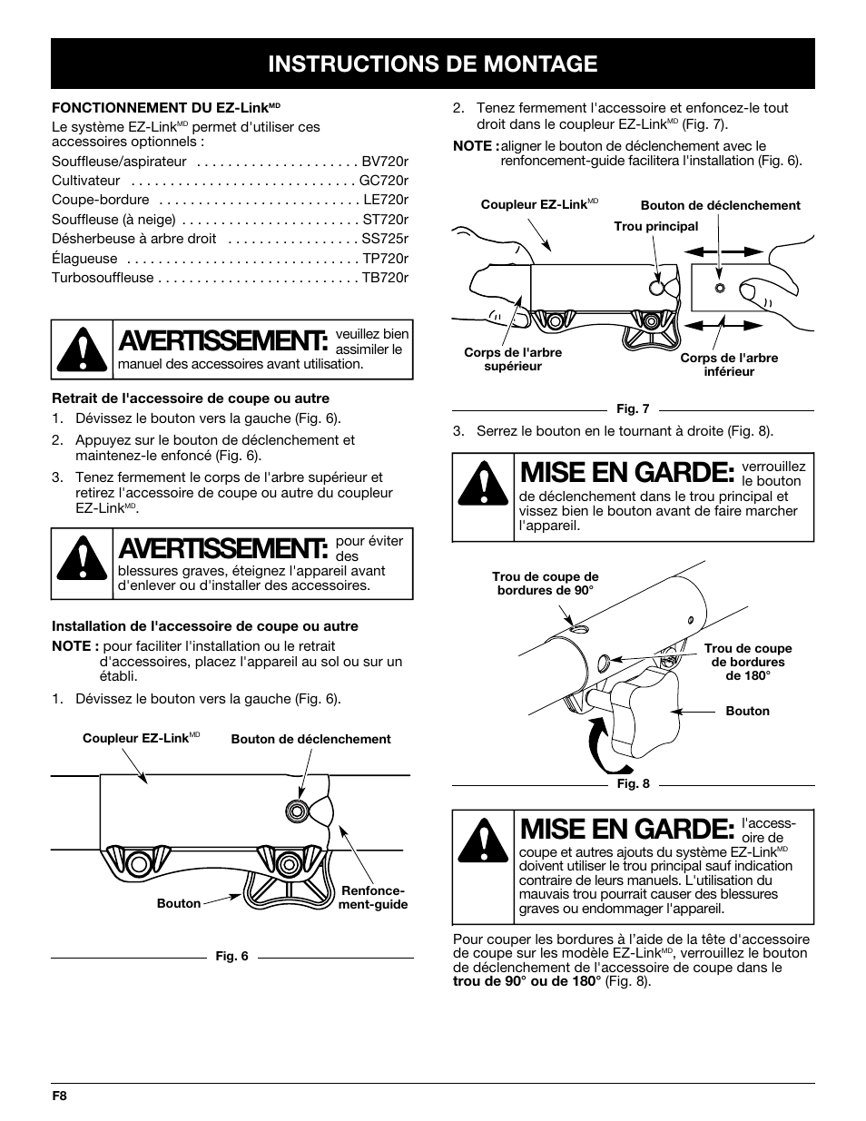 Avertissement, Mise en garde, Instructions de montage | MTD Yard-Man YM137 User Manual | Page 26 / 56