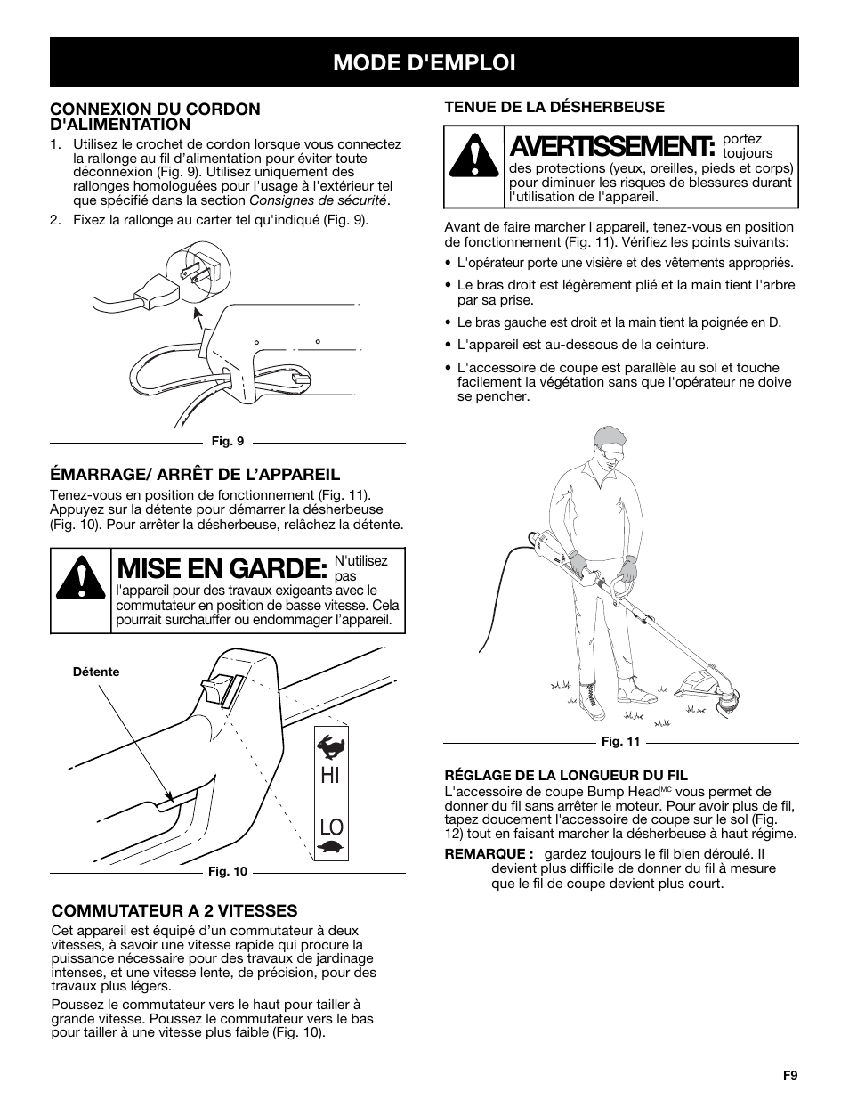 Mise en garde, Avertissement, Mode d'emploi | MTD Yard-Man YM137 User Manual | Page 27 / 56