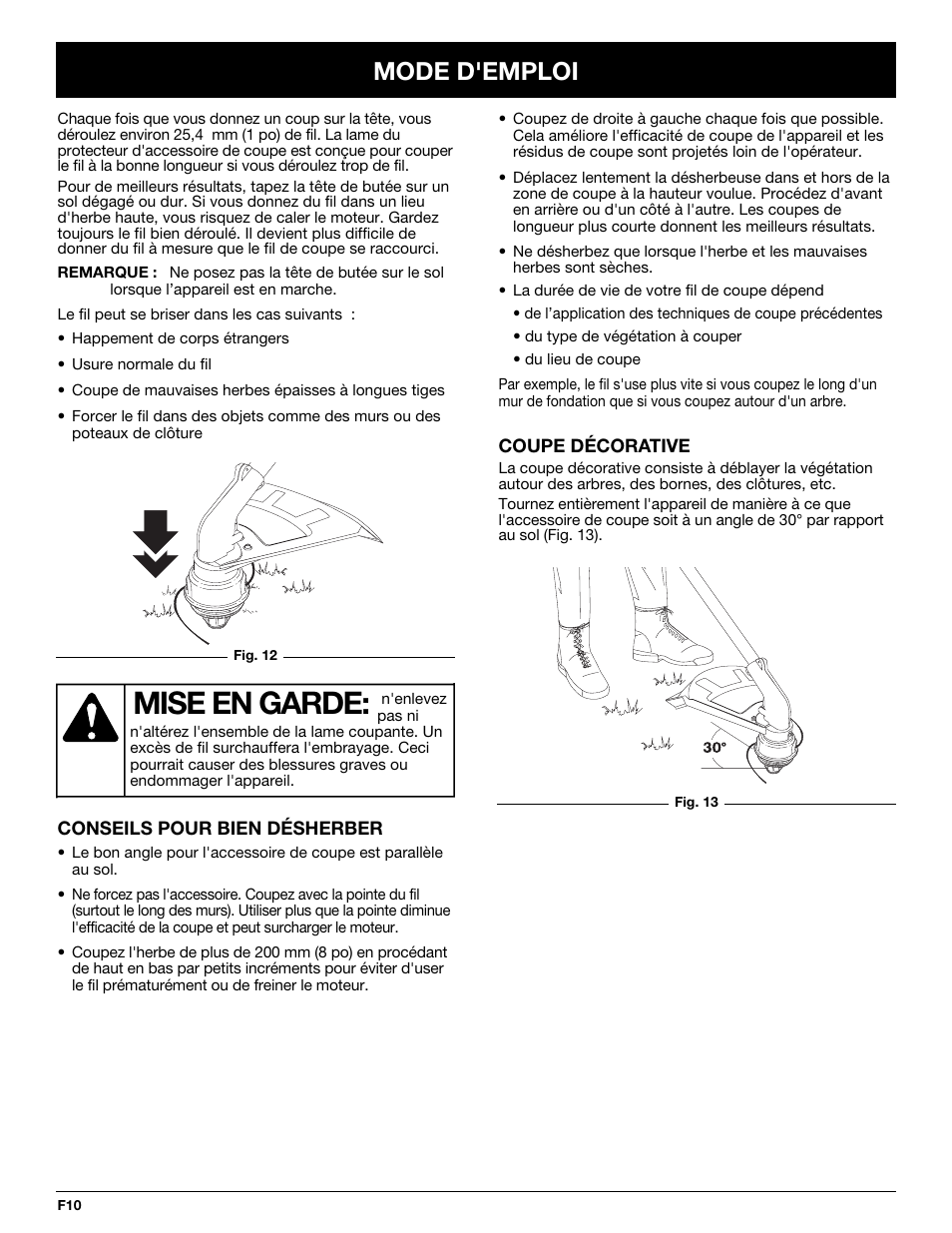 Mise en garde, Mode d'emploi | MTD Yard-Man YM137 User Manual | Page 28 / 56