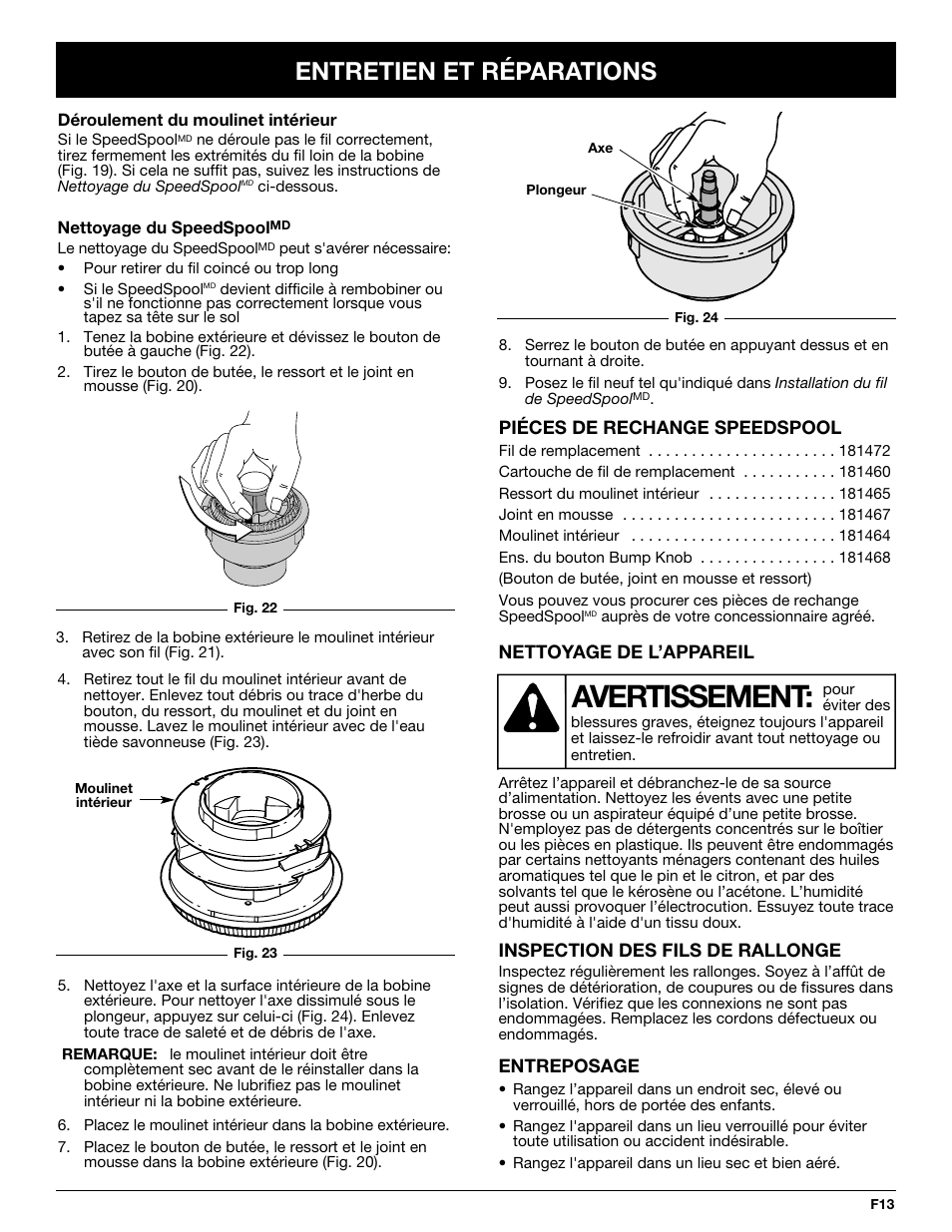 Avertissement, Entretien et réparations | MTD Yard-Man YM137 User Manual | Page 31 / 56