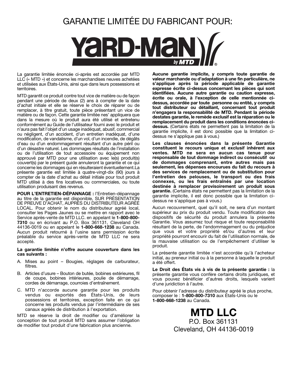 Mtd llc, Garantie limitée du fabricant pour | MTD Yard-Man YM137 User Manual | Page 36 / 56