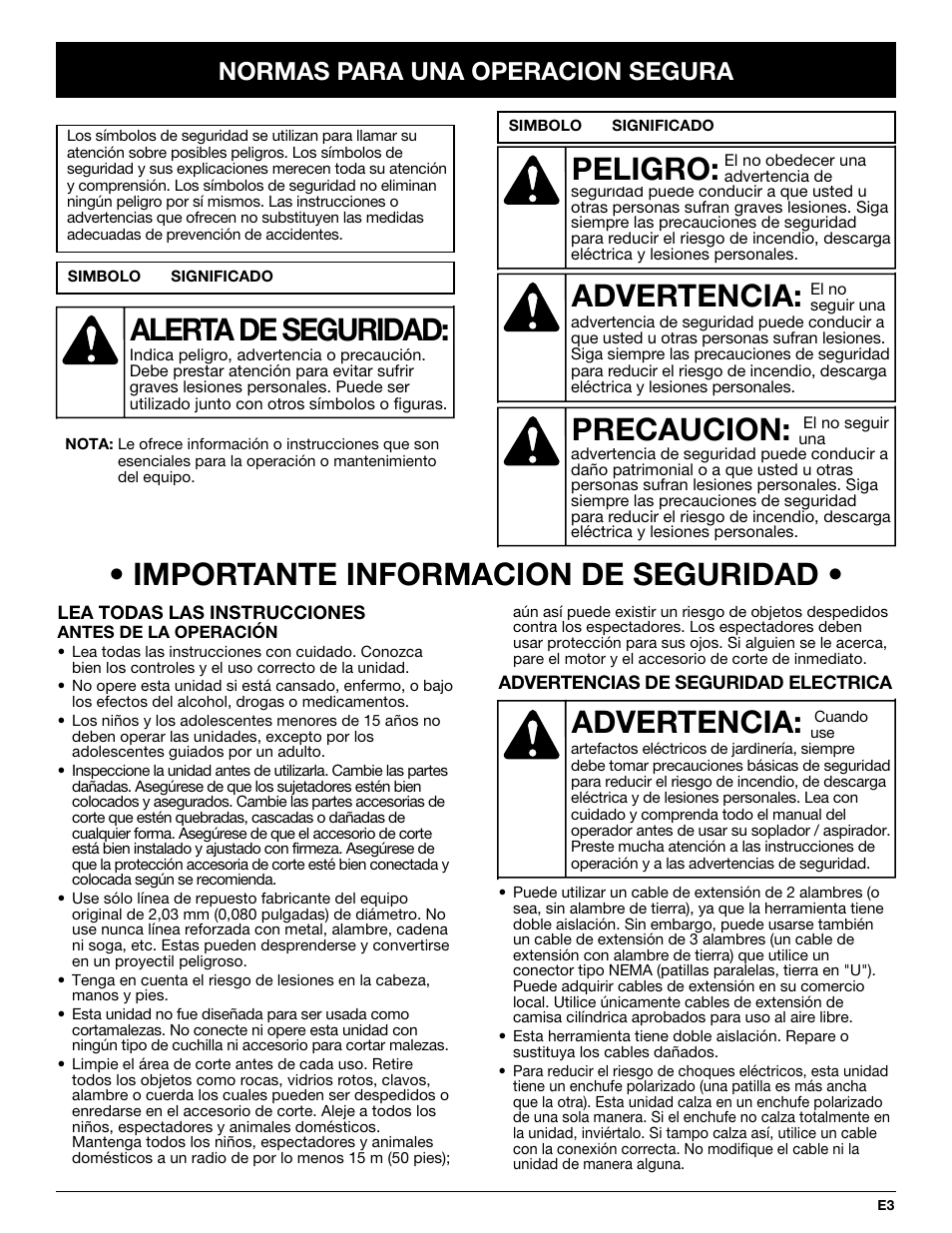 Importante informacion de seguridad, Advertencia, Peligro | Precaucion, Alerta de seguridad, Normas para una operacion segura | MTD Yard-Man YM137 User Manual | Page 39 / 56