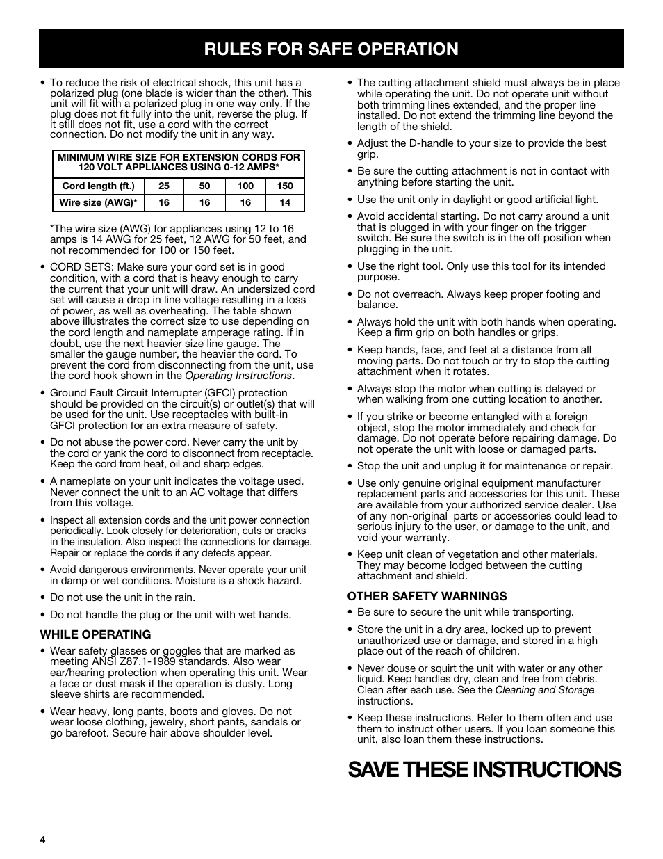 Save these instructions, Rules for safe operation | MTD Yard-Man YM137 User Manual | Page 4 / 56