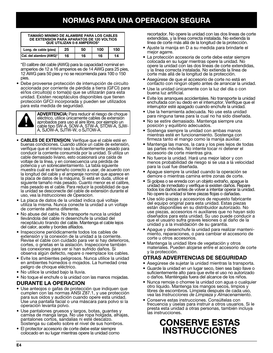 Conserve estas instrucciones, Normas para una operacion segura | MTD Yard-Man YM137 User Manual | Page 40 / 56