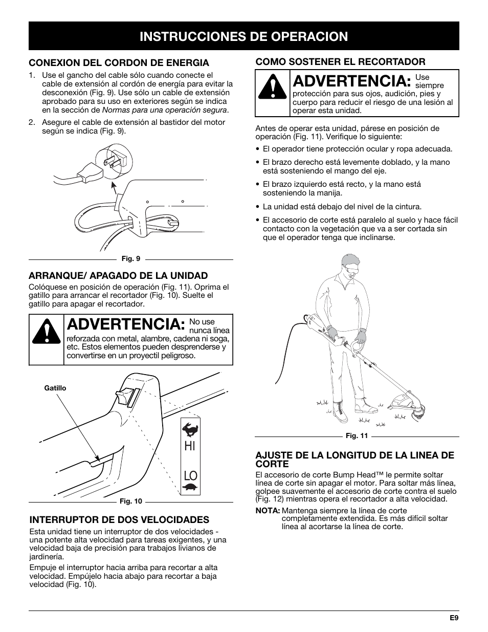 Advertencia, Instrucciones de operacion | MTD Yard-Man YM137 User Manual | Page 45 / 56