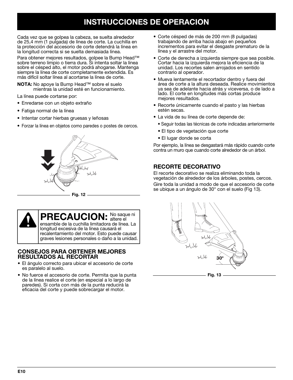 Precaucion, Instrucciones de operacion | MTD Yard-Man YM137 User Manual | Page 46 / 56