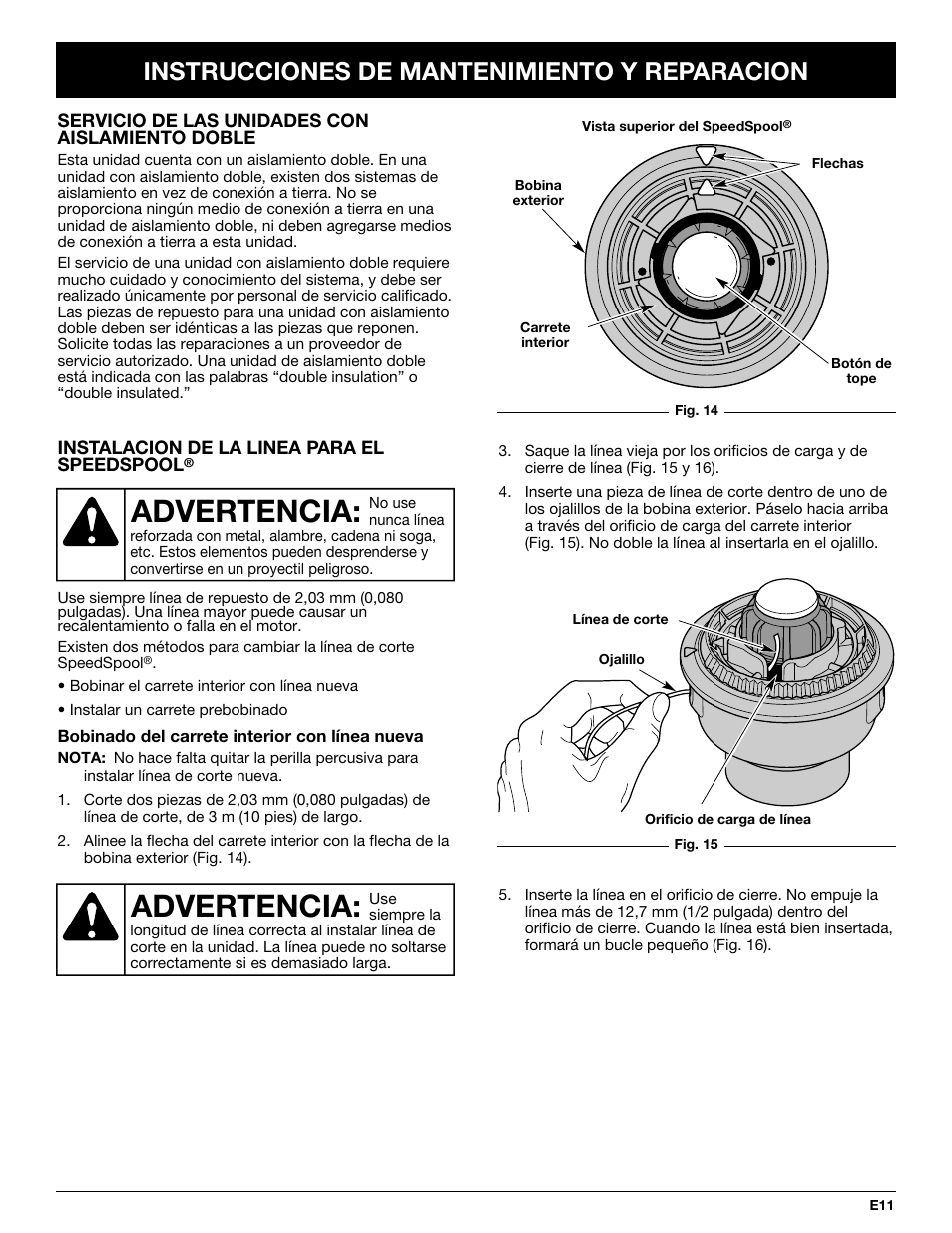 Advertencia, Instrucciones de mantenimiento y reparacion | MTD Yard-Man YM137 User Manual | Page 47 / 56