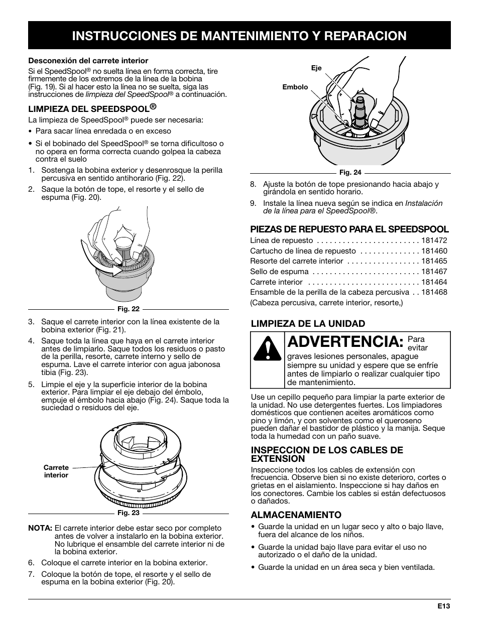 Advertencia, Instrucciones de mantenimiento y reparacion | MTD Yard-Man YM137 User Manual | Page 49 / 56