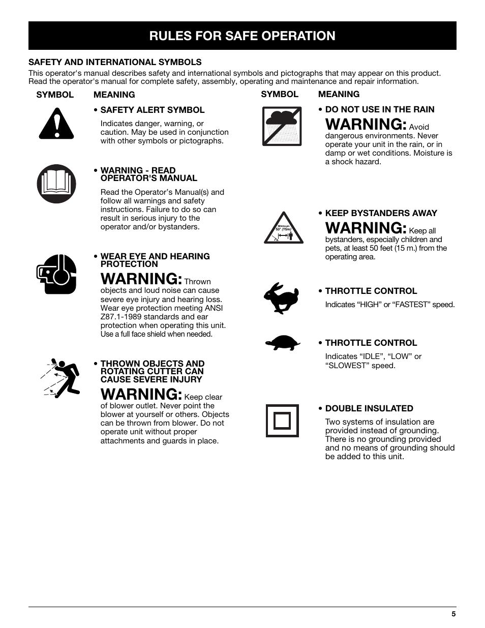 Warning, Rules for safe operation | MTD Yard-Man YM137 User Manual | Page 5 / 56