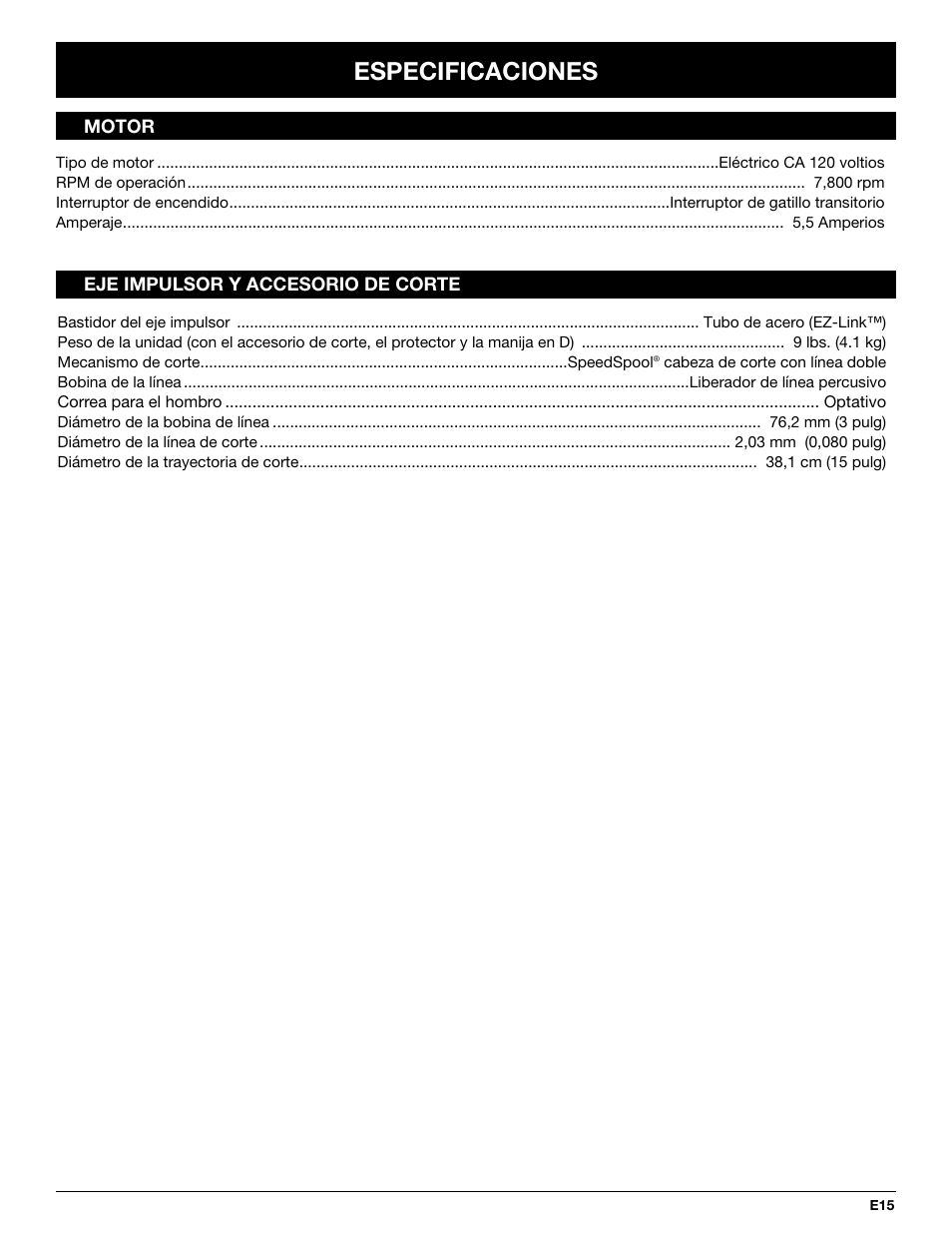 Especificaciones | MTD Yard-Man YM137 User Manual | Page 51 / 56