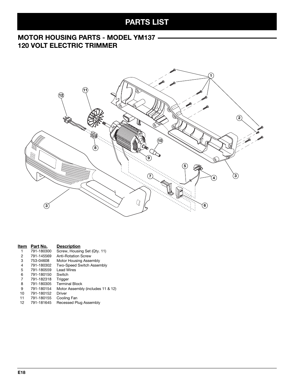 Parts list | MTD Yard-Man YM137 User Manual | Page 54 / 56