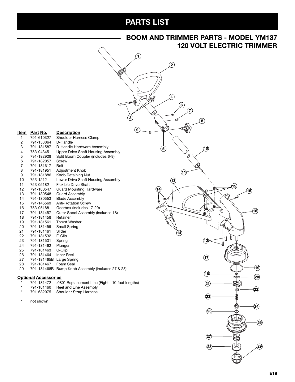 Parts list | MTD Yard-Man YM137 User Manual | Page 55 / 56