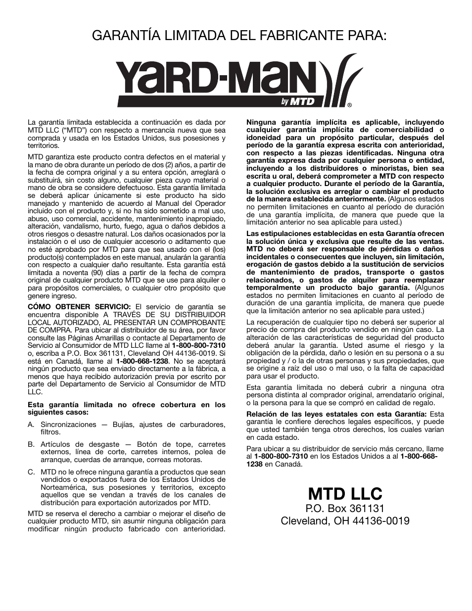 Mtd llc, Garantía limitada del fabricante para | MTD Yard-Man YM137 User Manual | Page 56 / 56