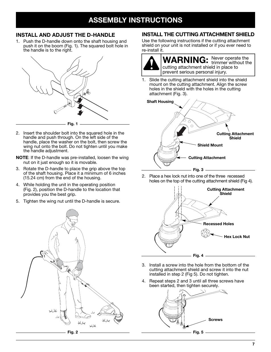 Warning, Assembly instructions | MTD Yard-Man YM137 User Manual | Page 7 / 56