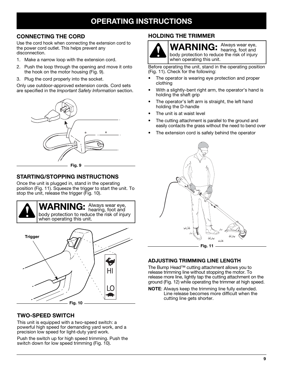 Warning, Operating instructions | MTD Yard-Man YM137 User Manual | Page 9 / 56