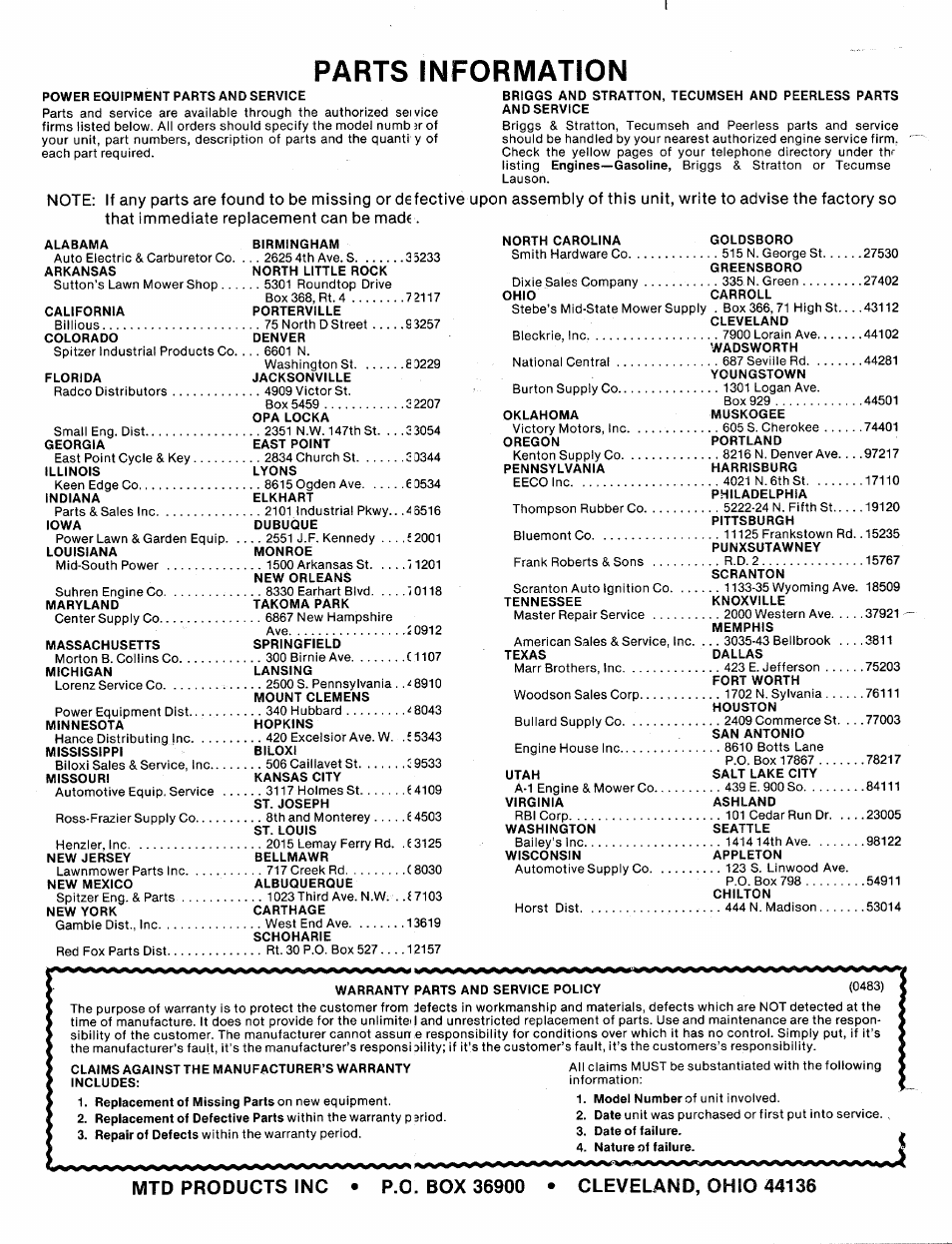 Parts information | MTD 24665L User Manual | Page 12 / 12