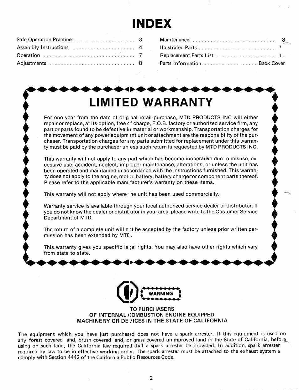 Index, Limited warranty | MTD 24665L User Manual | Page 2 / 12