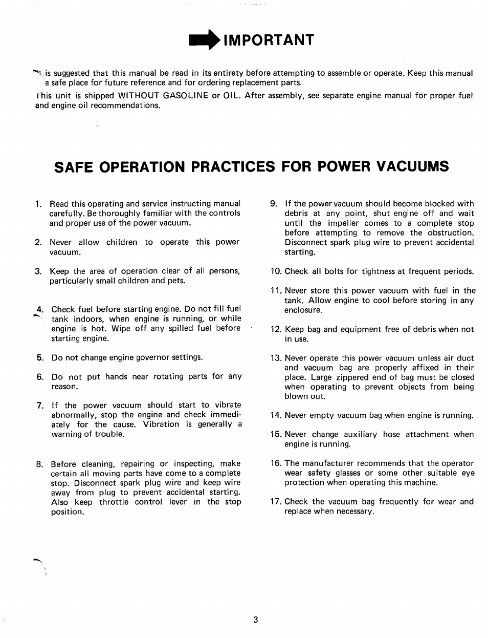 Important, Safe operation practices for power vacuums | MTD 24665L User Manual | Page 3 / 12