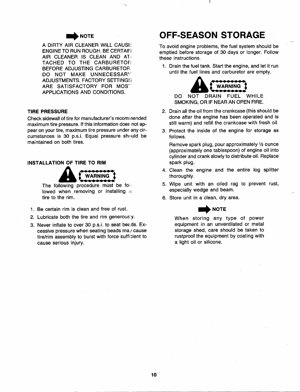 Note, Tire pressure, Installation of tire to rim | Off-season storage | MTD 249-610-000 User Manual | Page 10 / 16