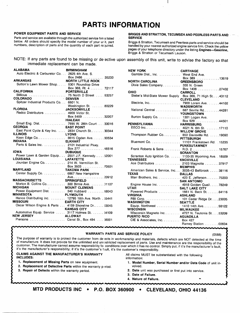 Partb information | MTD 249-610-000 User Manual | Page 16 / 16