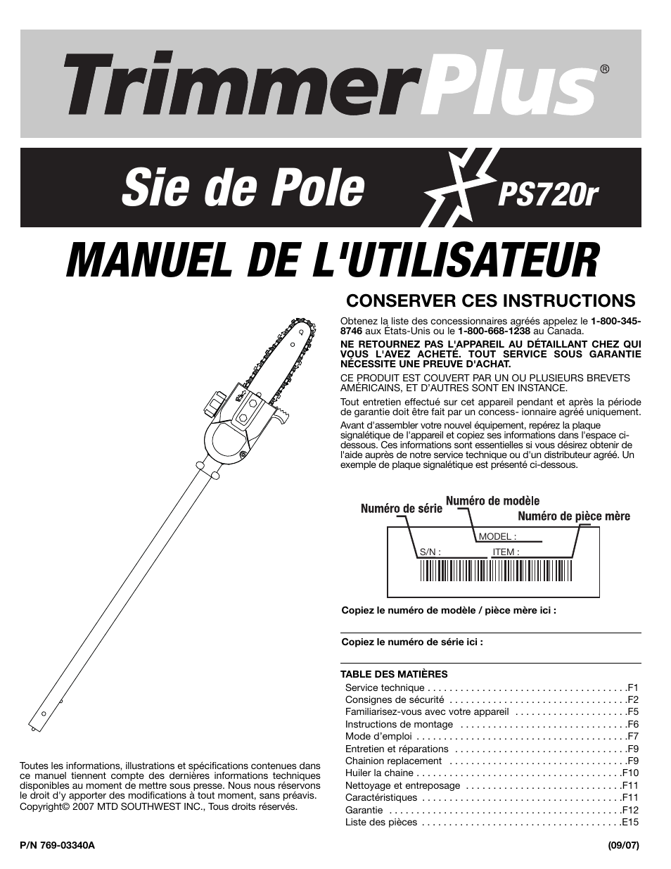 Sie de pole, Manuel de l'utilisateur, Ps720r | MTD PS720r User Manual | Page 13 / 40