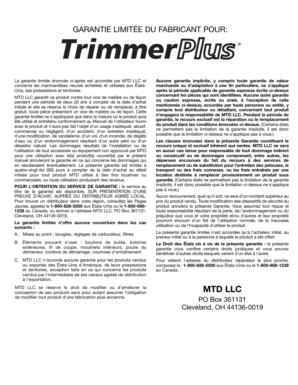 Mtd llc, Garantie limitée du fabricant pour | MTD PS720r User Manual | Page 24 / 40