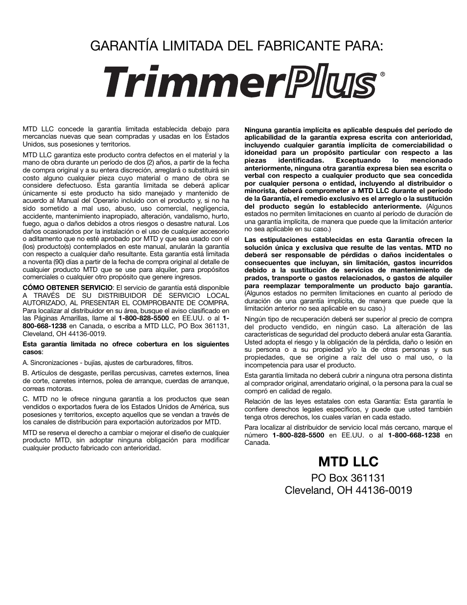 Garantía limitada del fabricante para, Mtd llc | MTD PS720r User Manual | Page 40 / 40