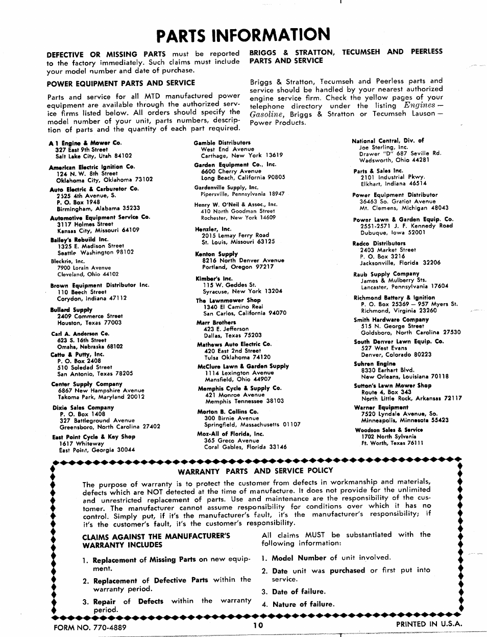 Power equipment parts and service, Warranty parts and service policy, A. nature of failure | Period, Form no. 770-4-889, Printed in u.s.a, Parts information, Engines — gasoline | MTD 244-650A User Manual | Page 10 / 10