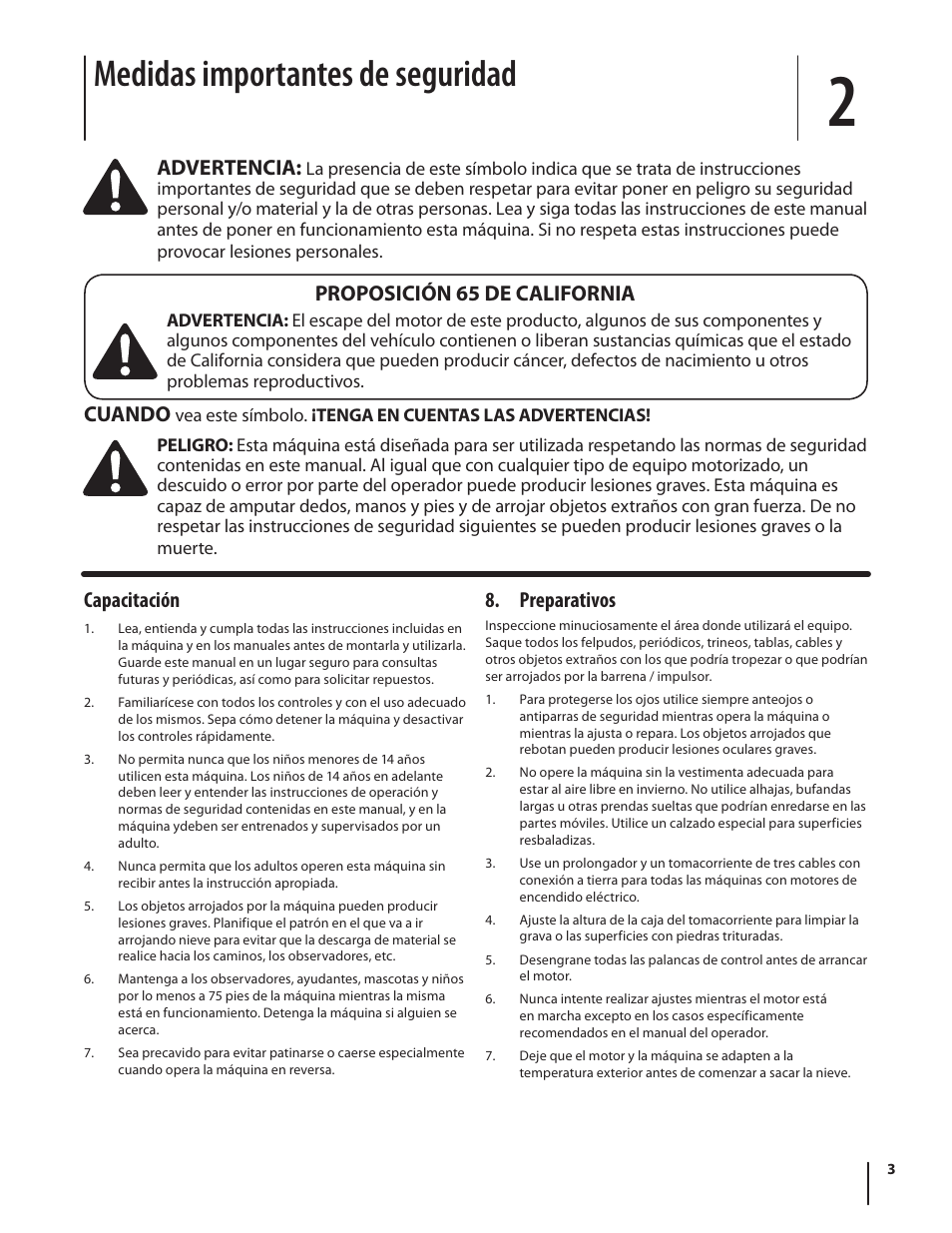 Medidas importantes de seguridad, Capacitación, Preparativos | Advertencia, Cuando, Proposición 65 de california | MTD Squall 521 User Manual | Page 19 / 32
