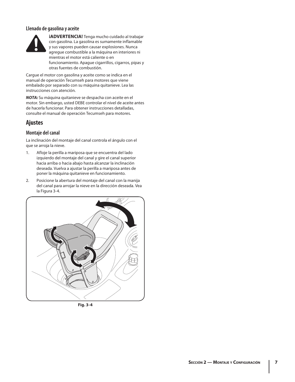 Ajustes, Llenado de gasolina y aceite, Montaje del canal | MTD Squall 521 User Manual | Page 23 / 32