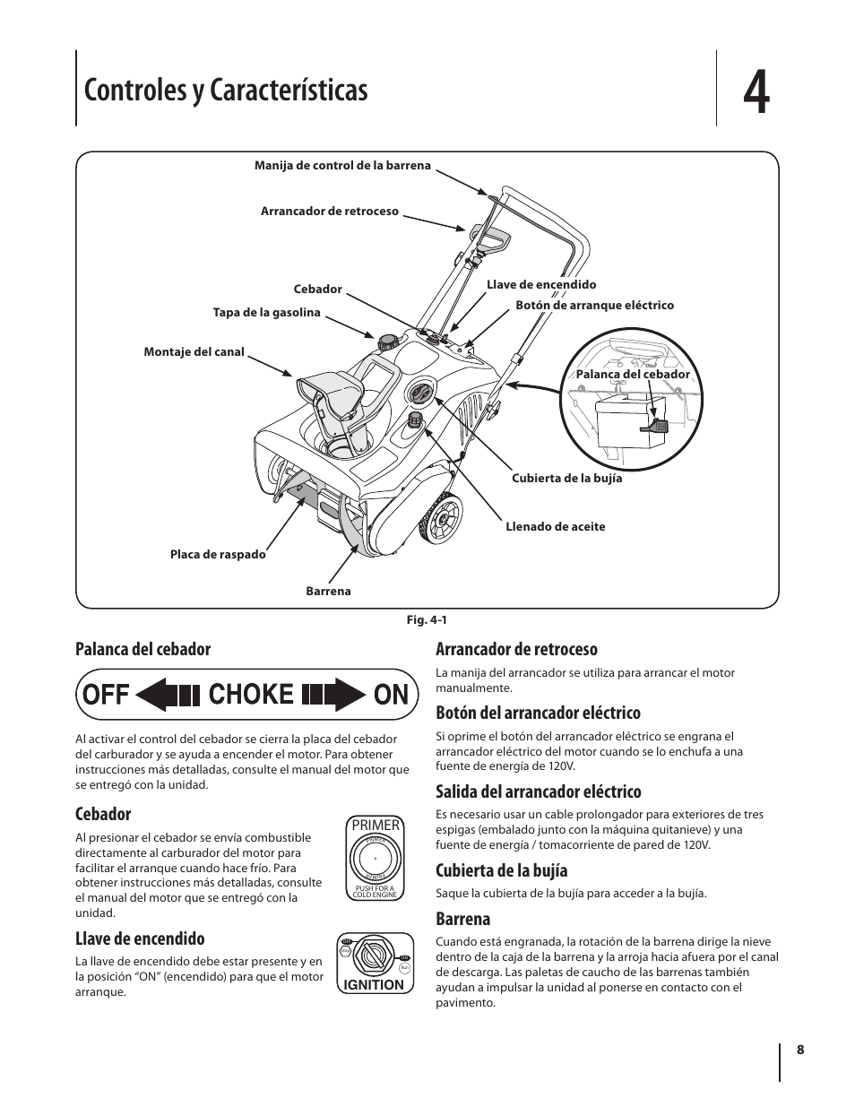 Controles y características, Palanca del cebador, Cebador | Llave de encendido, Arrancador de retroceso, Botón del arrancador eléctrico, Salida del arrancador eléctrico, Cubierta de la bujía, Barrena | MTD Squall 521 User Manual | Page 24 / 32