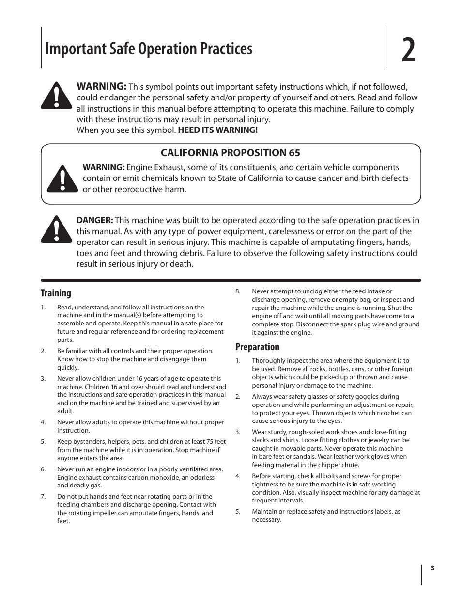 Important safe operation practices, Training, Preparation | Warning, California proposition 65 | MTD Squall 521 User Manual | Page 3 / 32