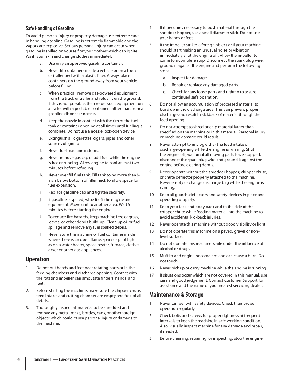 Operation, Maintenance & storage, Safe handling of gasoline | MTD Squall 521 User Manual | Page 4 / 32