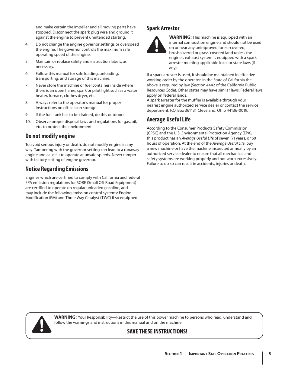 Do not modify engine, Notice regarding emissions, Spark arrestor | Average useful life, Save these instructions | MTD Squall 521 User Manual | Page 5 / 32