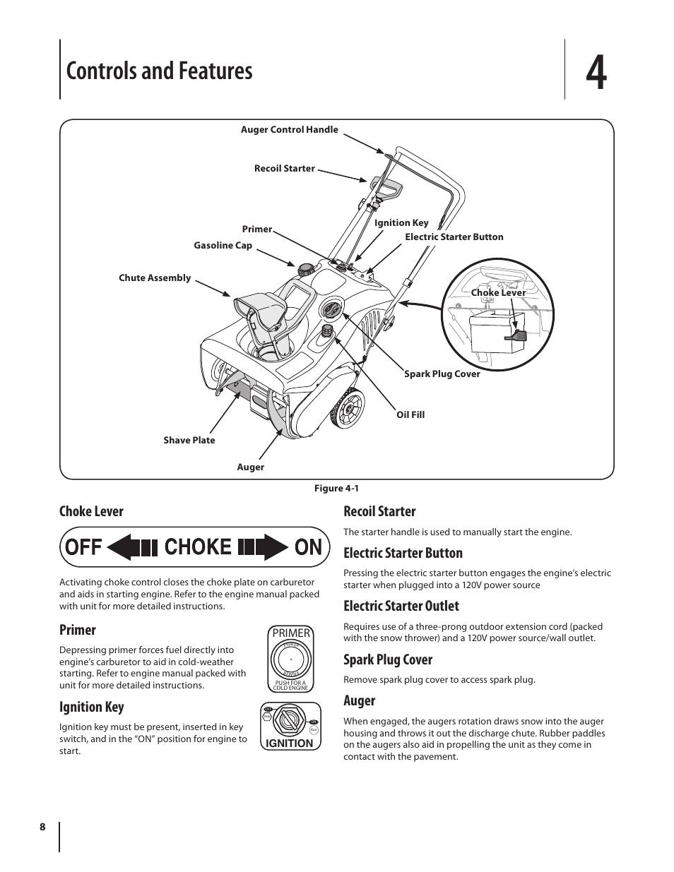 Controls and features, Choke lever, Primer | Ignition key, Recoil starter, Electric starter button, Electric starter outlet, Spark plug cover, Auger | MTD Squall 521 User Manual | Page 8 / 32