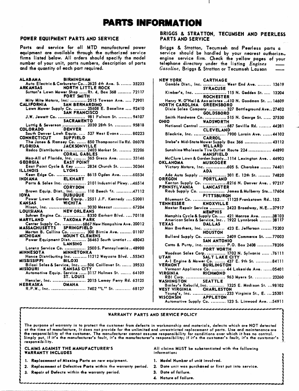 Parts information | MTD 216-100A User Manual | Page 12 / 12