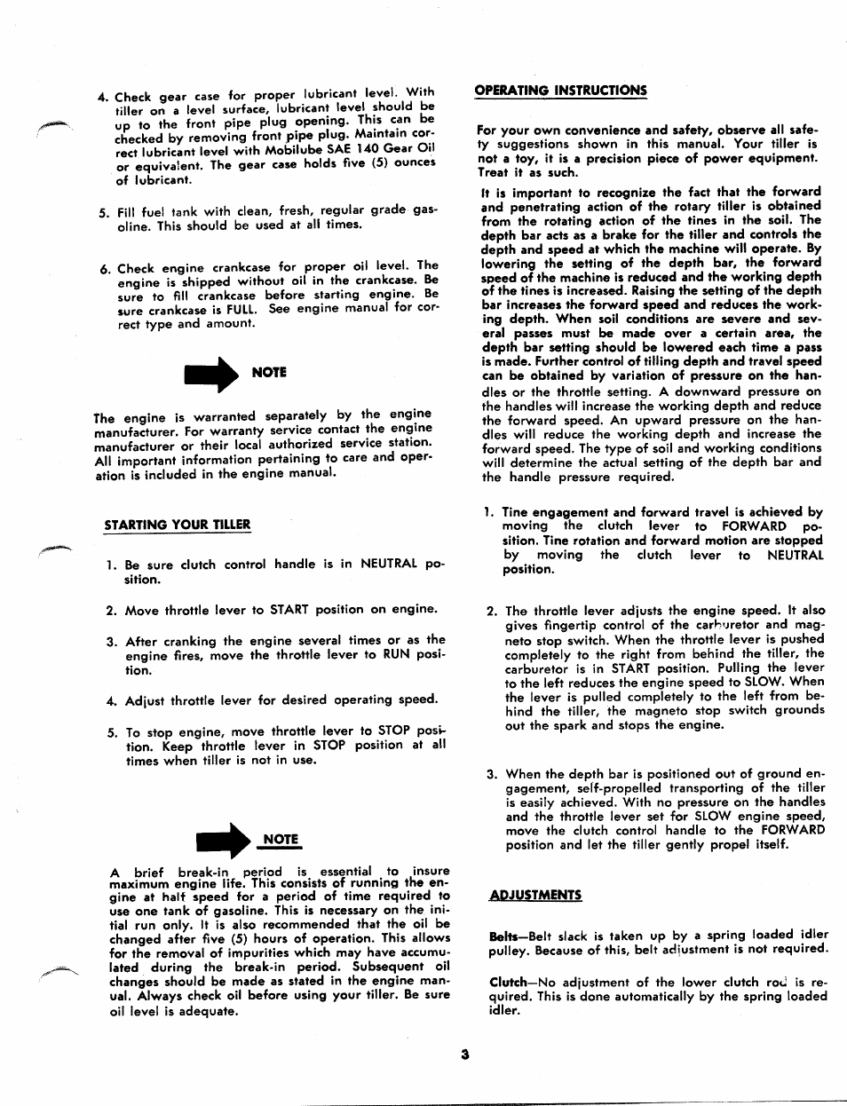 Operating instructions, Starting your tiller, Adjustments | MTD 216-100A User Manual | Page 3 / 12