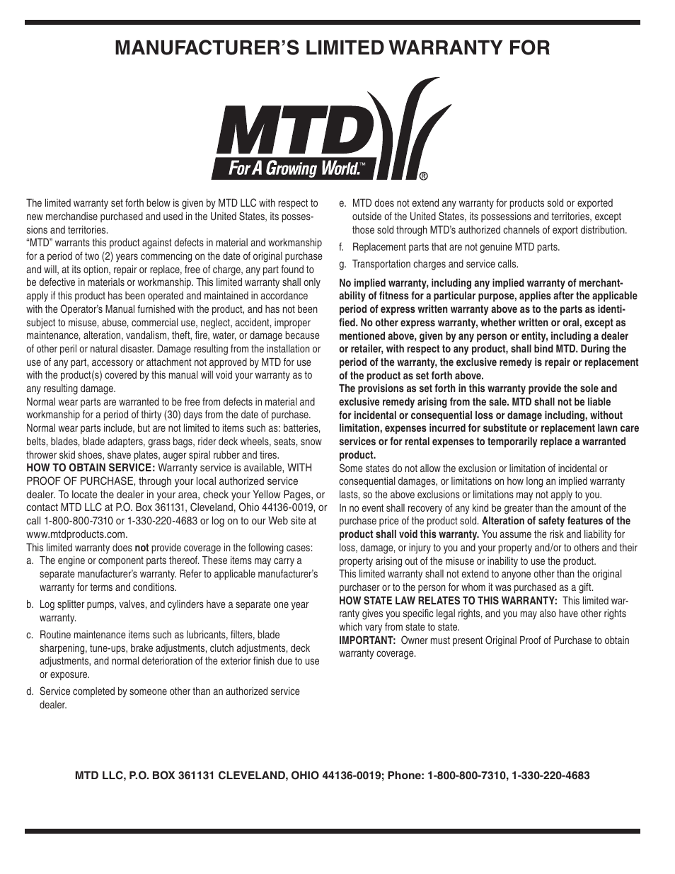 Manufacturer’s limited warranty for | MTD 230EN User Manual | Page 20 / 20