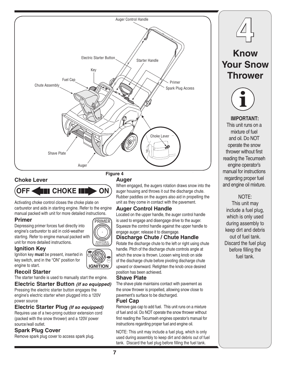 Know your snow thrower, Off choke on | MTD 230EN User Manual | Page 7 / 20