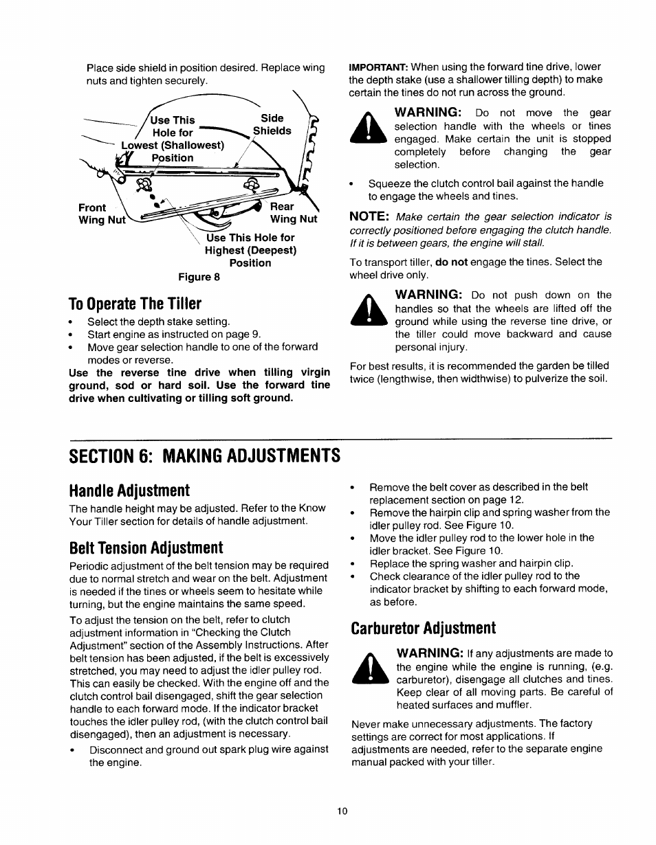 To operate the tiller, Handle adjustment, Belt tension adjustment | Carburetor adjustment | MTD 21A-450 Series User Manual | Page 10 / 20