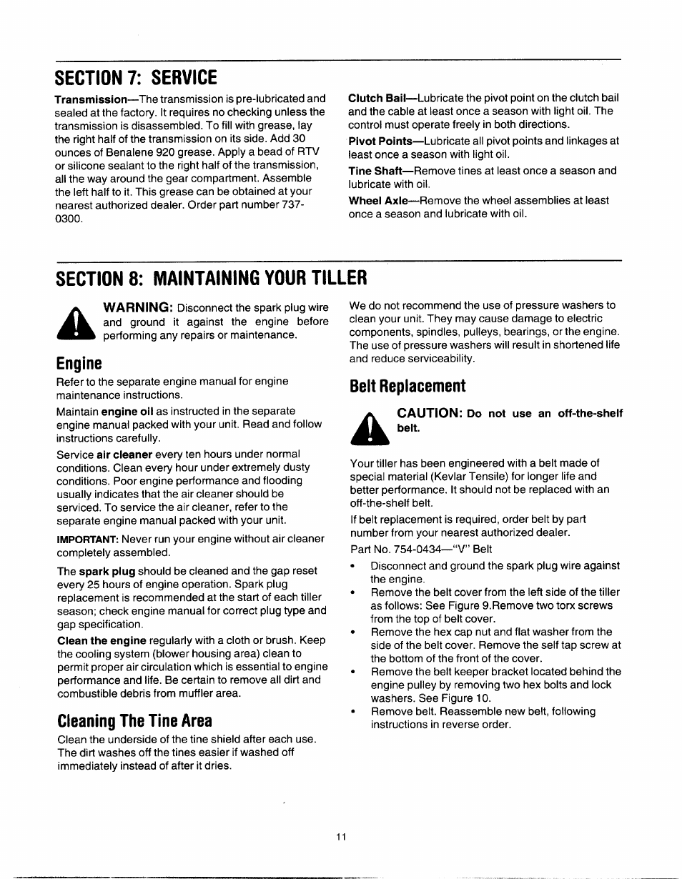 Cleaning the tine area, Belt replacement, Caution: do not use an off-the-shelf belt | MTD 21A-450 Series User Manual | Page 11 / 20